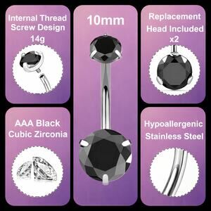 10mm Stainless Curved Belly Button Ring Threaded Black CZ Jewelry Extra Head 14g